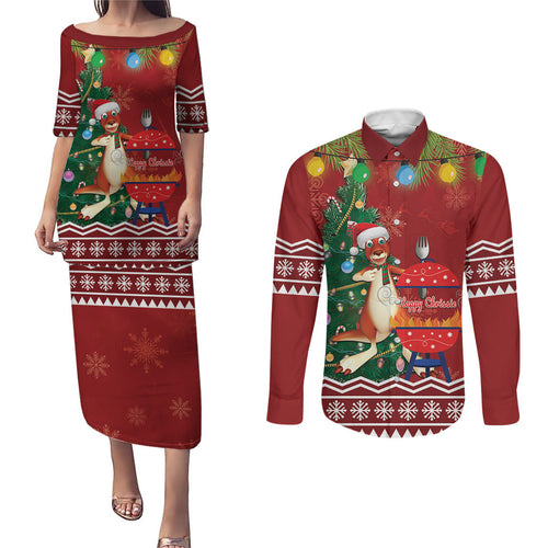 Australia Christmas In July Couples Matching Puletasi and Long Sleeve Button Shirt Happy Chrissie Kangaroo Barbie