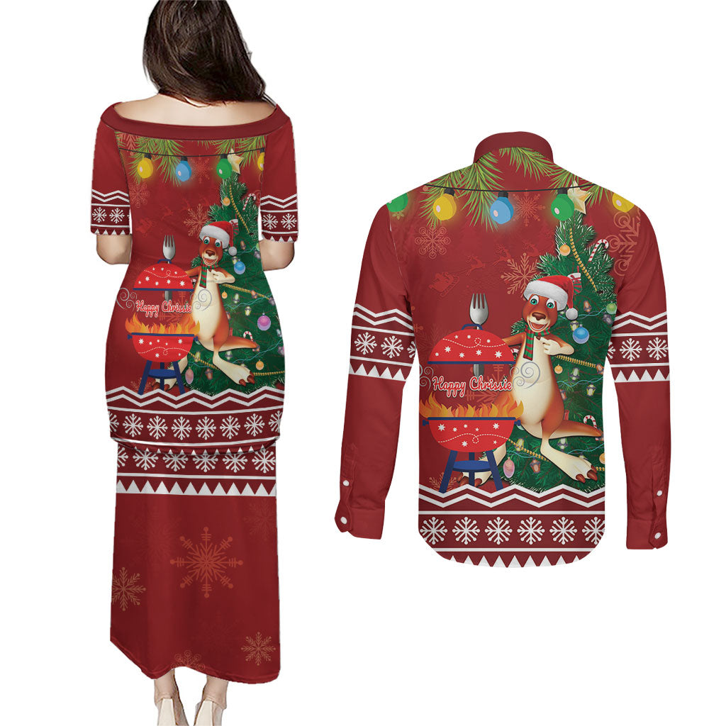 Australia Christmas In July Couples Matching Puletasi and Long Sleeve Button Shirt Happy Chrissie Kangaroo Barbie
