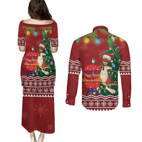 Australia Christmas In July Couples Matching Puletasi and Long Sleeve Button Shirt Happy Chrissie Kangaroo Barbie