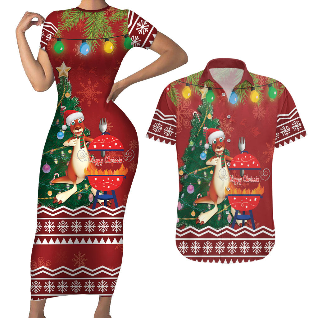 Australia Christmas In July Couples Matching Short Sleeve Bodycon Dress and Hawaiian Shirt Happy Chrissie Kangaroo Barbie