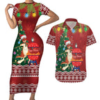 Australia Christmas In July Couples Matching Short Sleeve Bodycon Dress and Hawaiian Shirt Happy Chrissie Kangaroo Barbie