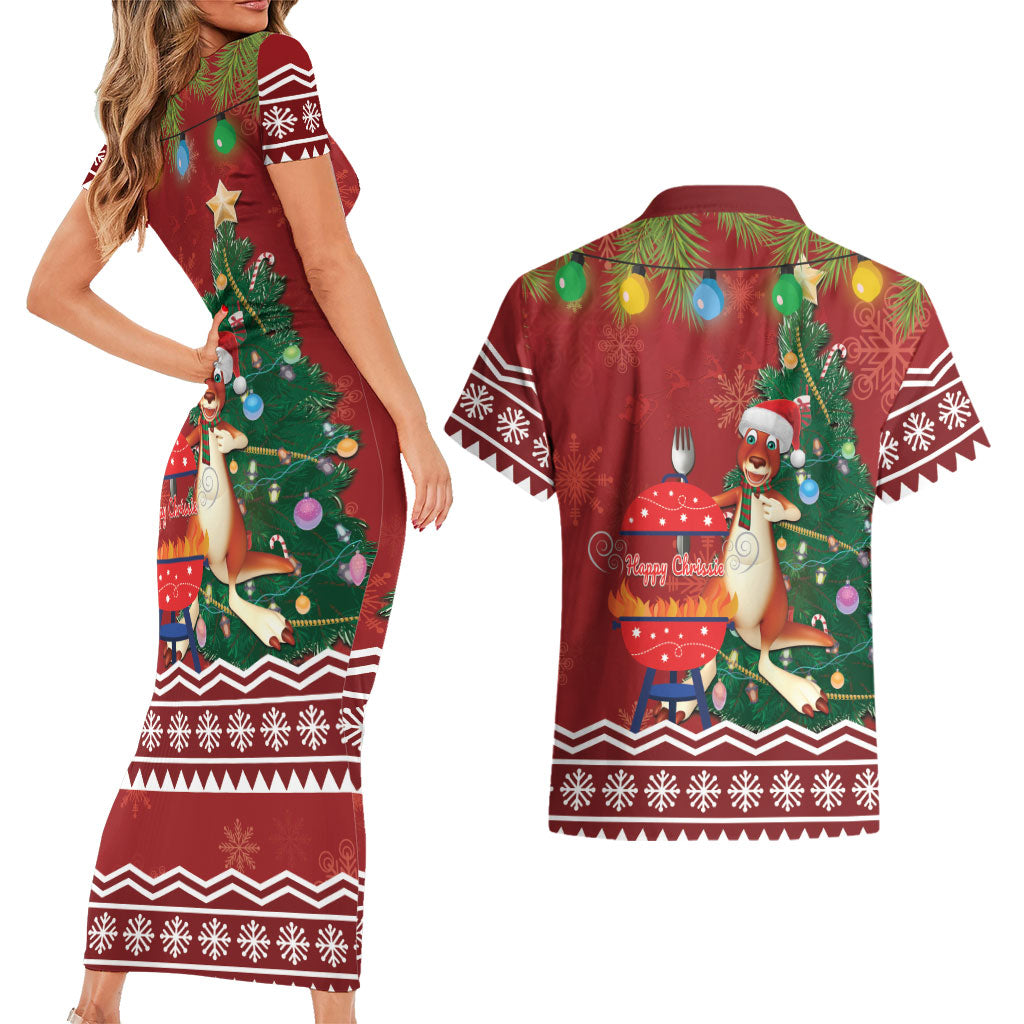 Australia Christmas In July Couples Matching Short Sleeve Bodycon Dress and Hawaiian Shirt Happy Chrissie Kangaroo Barbie