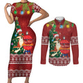Australia Christmas In July Couples Matching Short Sleeve Bodycon Dress and Long Sleeve Button Shirt Happy Chrissie Kangaroo Barbie