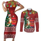Australia Christmas In July Couples Matching Short Sleeve Bodycon Dress and Long Sleeve Button Shirt Happy Chrissie Kangaroo Barbie