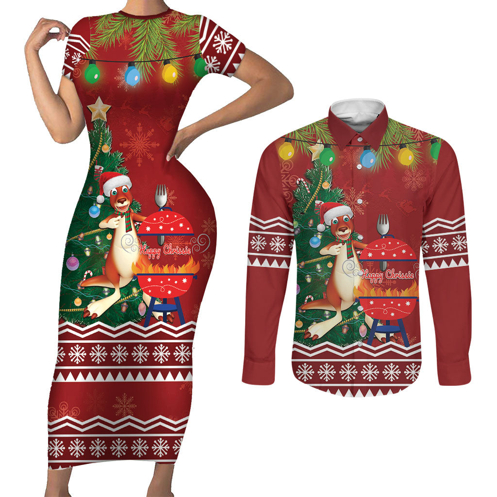 Australia Christmas In July Couples Matching Short Sleeve Bodycon Dress and Long Sleeve Button Shirt Happy Chrissie Kangaroo Barbie