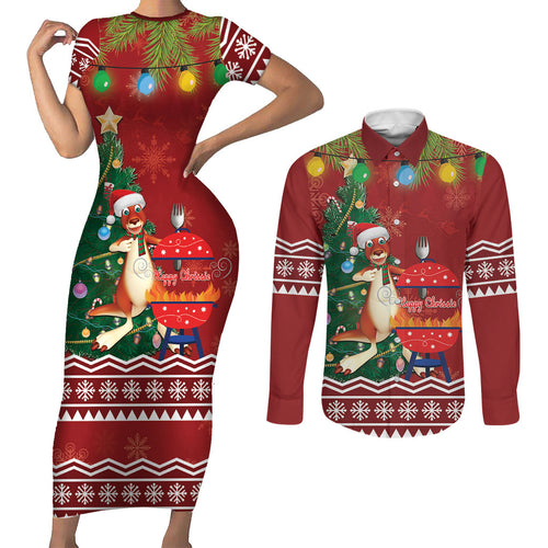 Australia Christmas In July Couples Matching Short Sleeve Bodycon Dress and Long Sleeve Button Shirt Happy Chrissie Kangaroo Barbie