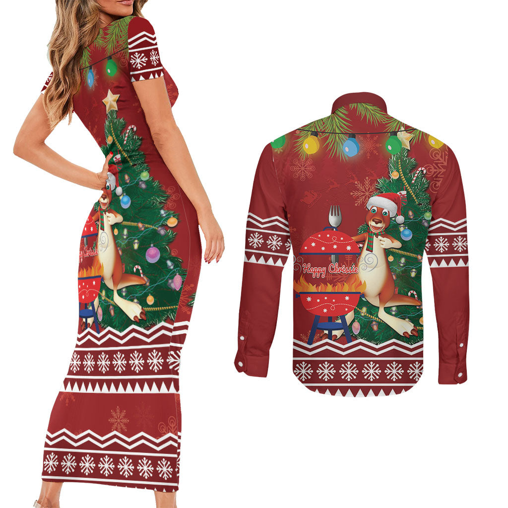 Australia Christmas In July Couples Matching Short Sleeve Bodycon Dress and Long Sleeve Button Shirt Happy Chrissie Kangaroo Barbie