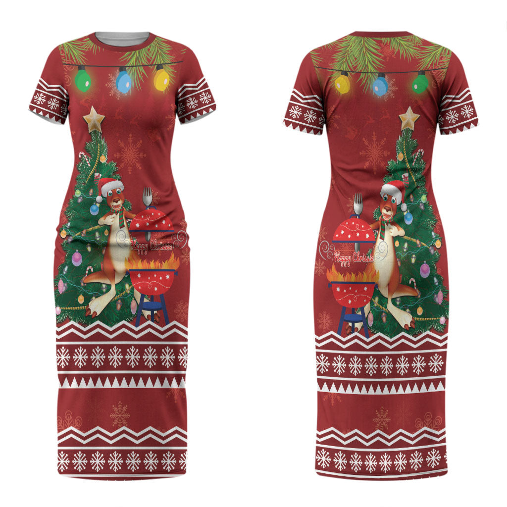 Australia Christmas In July Couples Matching Short Sleeve Bodycon Dress and Long Sleeve Button Shirt Happy Chrissie Kangaroo Barbie LT22