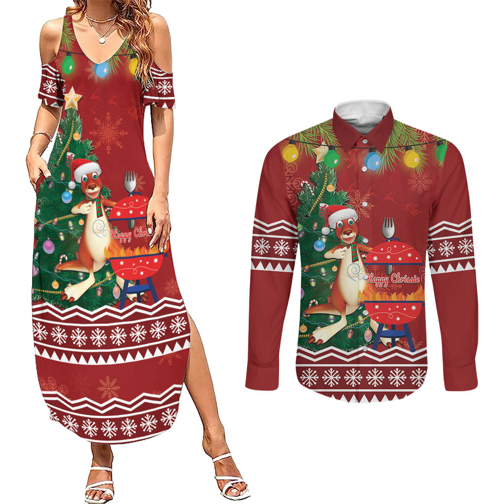 Australia Christmas In July Couples Matching Summer Maxi Dress and Long Sleeve Button Shirt Happy Chrissie Kangaroo Barbie