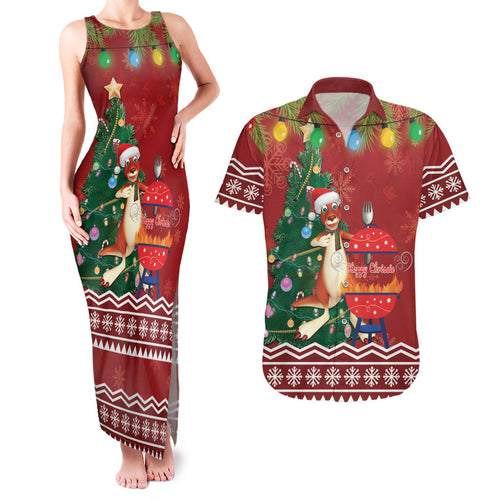 Australia Christmas In July Couples Matching Tank Maxi Dress and Hawaiian Shirt Happy Chrissie Kangaroo Barbie