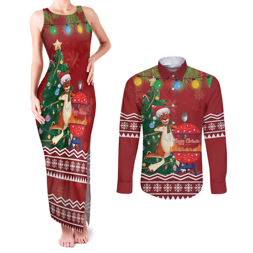 Australia Christmas In July Couples Matching Tank Maxi Dress and Long Sleeve Button Shirt Happy Chrissie Kangaroo Barbie