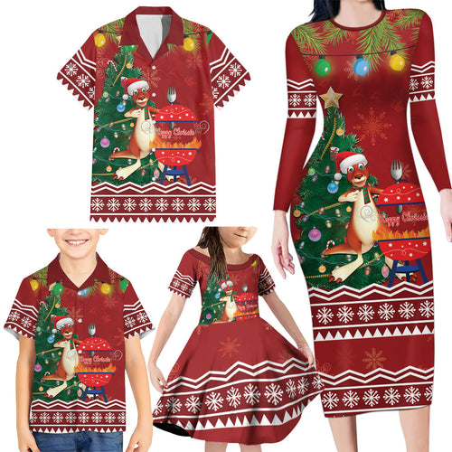 Australia Christmas In July Family Matching Long Sleeve Bodycon Dress and Hawaiian Shirt Happy Chrissie Kangaroo Barbie