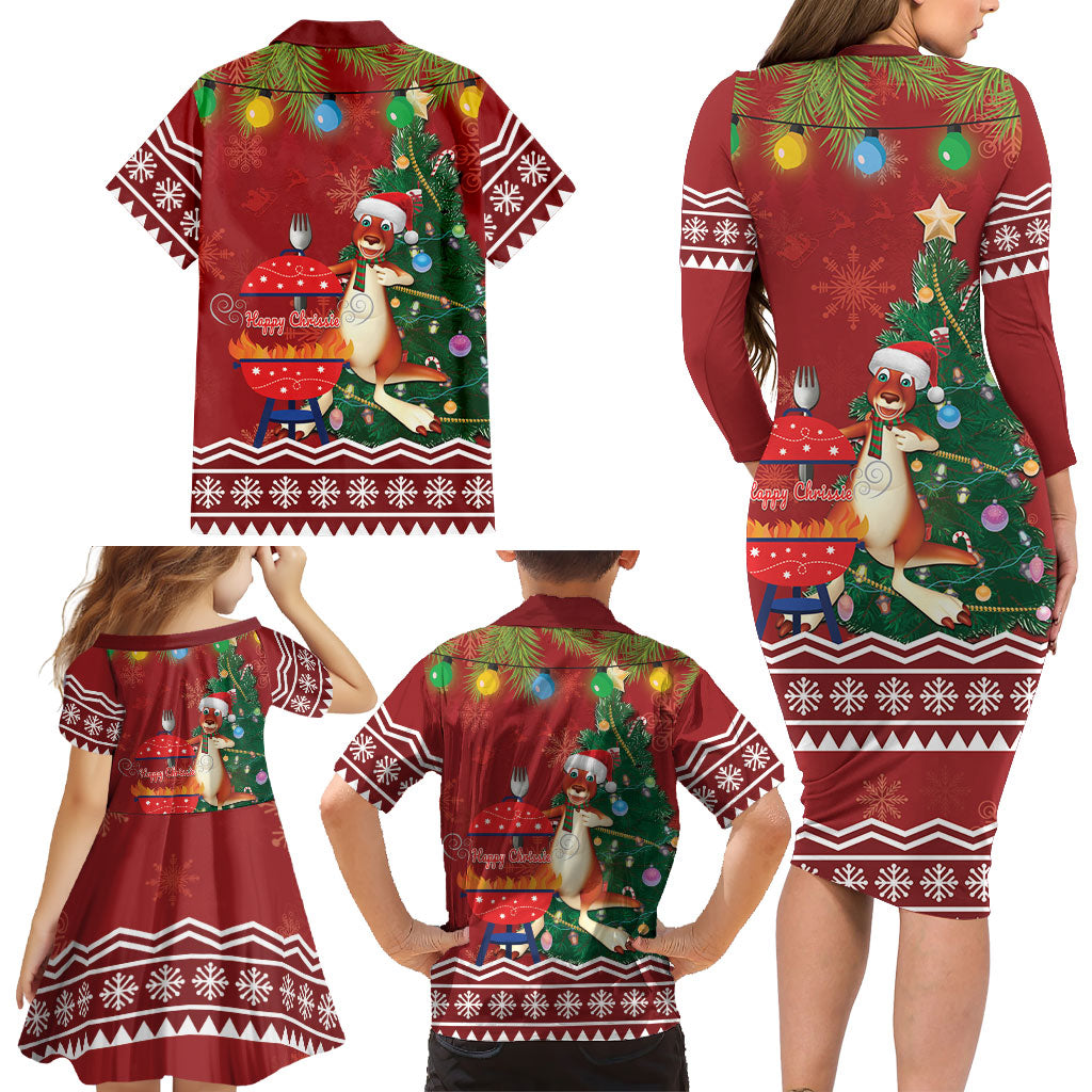 Australia Christmas In July Family Matching Long Sleeve Bodycon Dress and Hawaiian Shirt Happy Chrissie Kangaroo Barbie