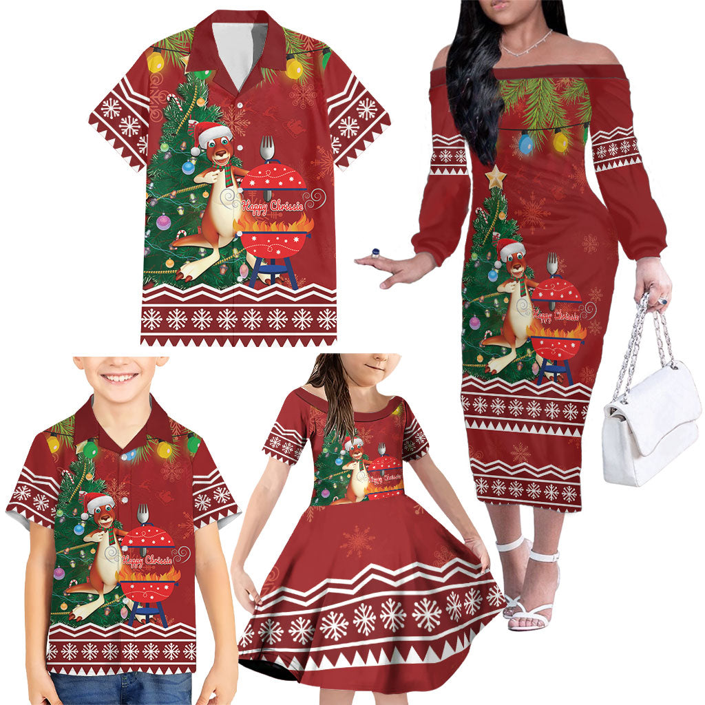 Australia Christmas In July Family Matching Off The Shoulder Long Sleeve Dress and Hawaiian Shirt Happy Chrissie Kangaroo Barbie