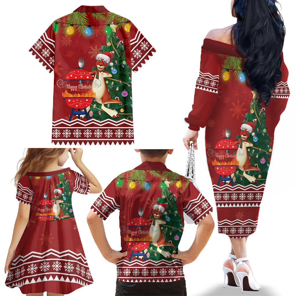 Australia Christmas In July Family Matching Off The Shoulder Long Sleeve Dress and Hawaiian Shirt Happy Chrissie Kangaroo Barbie