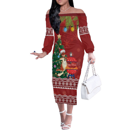 Australia Christmas In July Family Matching Off The Shoulder Long Sleeve Dress and Hawaiian Shirt Happy Chrissie Kangaroo Barbie