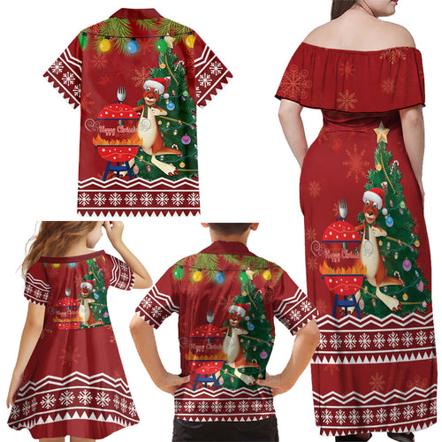 Australia Christmas In July Family Matching Off Shoulder Maxi Dress and Hawaiian Shirt Happy Chrissie Kangaroo Barbie