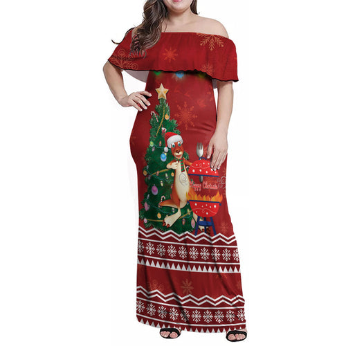 Australia Christmas In July Family Matching Off Shoulder Maxi Dress and Hawaiian Shirt Happy Chrissie Kangaroo Barbie
