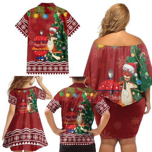 Australia Christmas In July Family Matching Off Shoulder Short Dress and Hawaiian Shirt Happy Chrissie Kangaroo Barbie