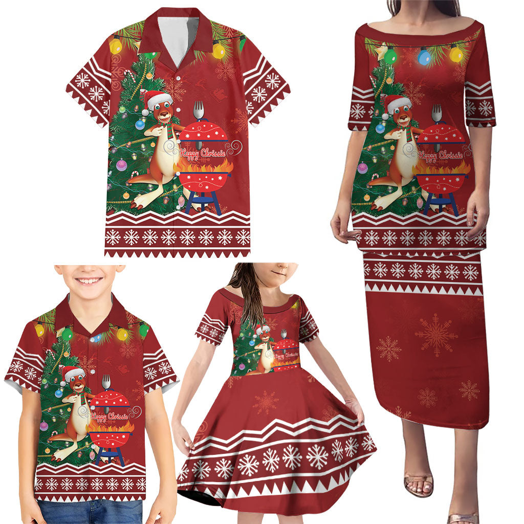 Australia Christmas In July Family Matching Puletasi and Hawaiian Shirt Happy Chrissie Kangaroo Barbie