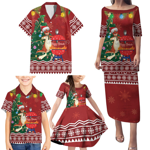 Australia Christmas In July Family Matching Puletasi and Hawaiian Shirt Happy Chrissie Kangaroo Barbie