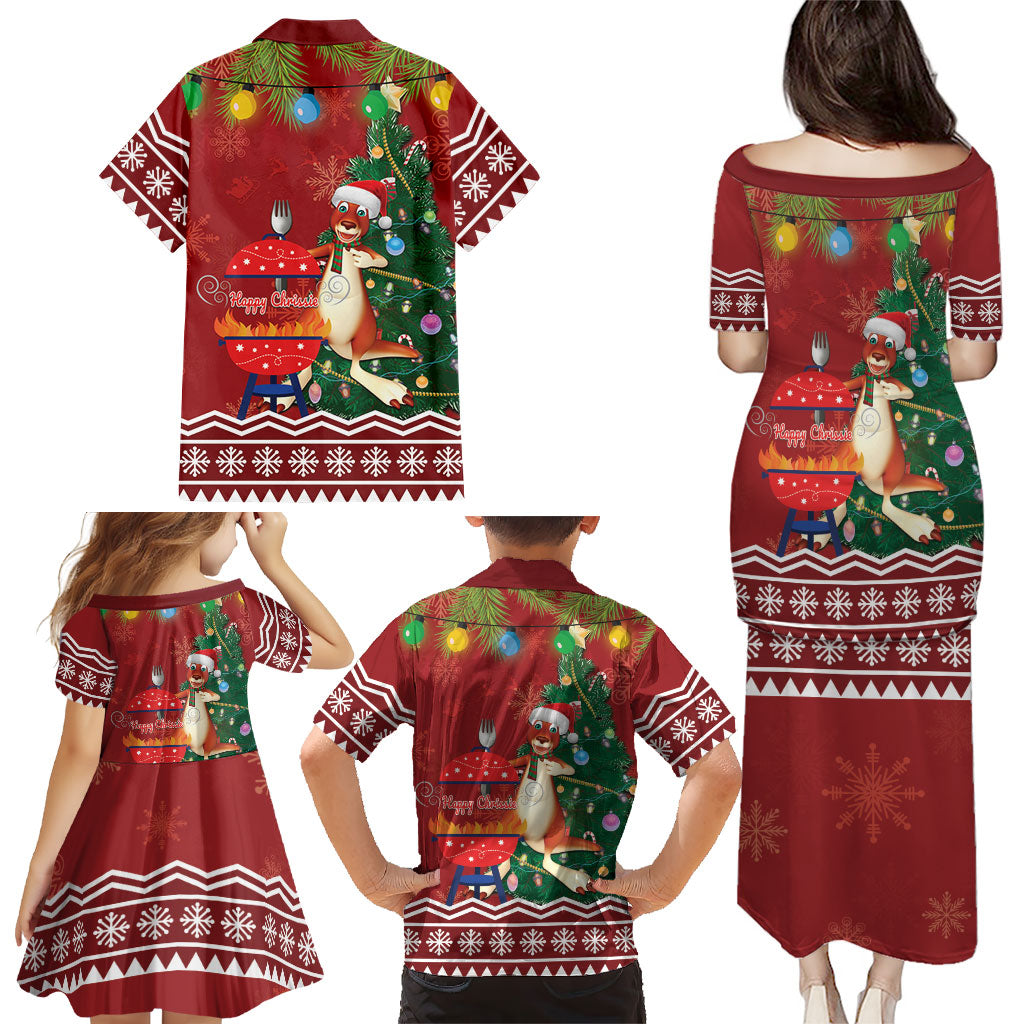 Australia Christmas In July Family Matching Puletasi and Hawaiian Shirt Happy Chrissie Kangaroo Barbie