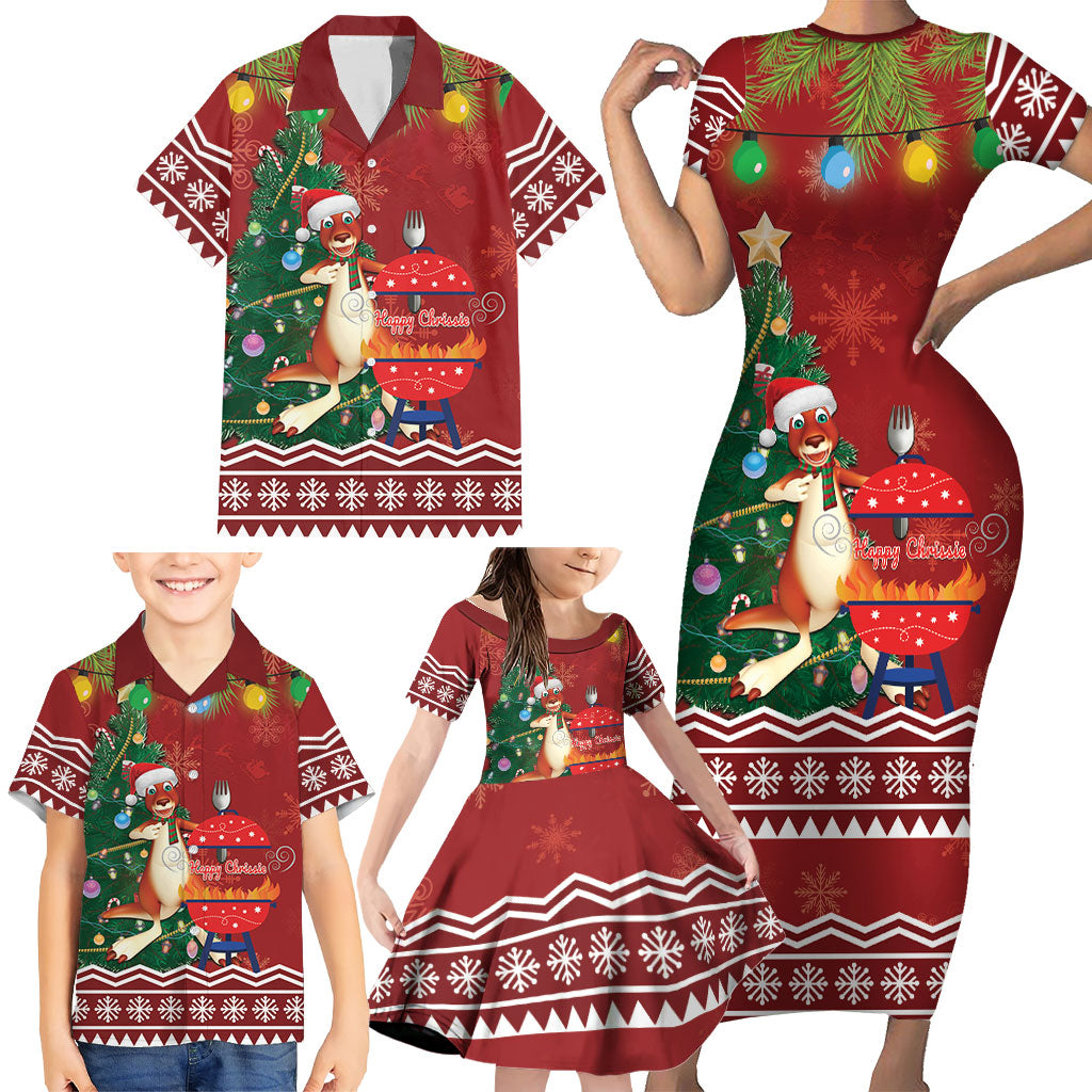 Australia Christmas In July Family Matching Short Sleeve Bodycon Dress and Hawaiian Shirt Happy Chrissie Kangaroo Barbie
