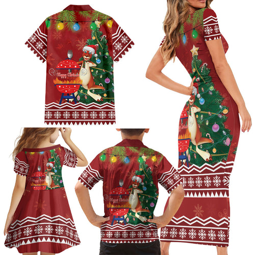 Australia Christmas In July Family Matching Short Sleeve Bodycon Dress and Hawaiian Shirt Happy Chrissie Kangaroo Barbie
