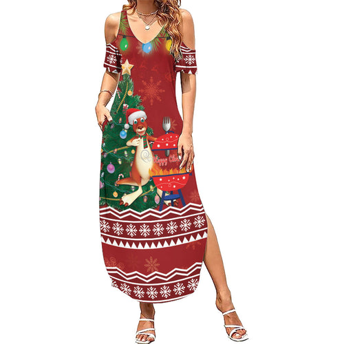 Australia Christmas In July Family Matching Summer Maxi Dress and Hawaiian Shirt Happy Chrissie Kangaroo Barbie