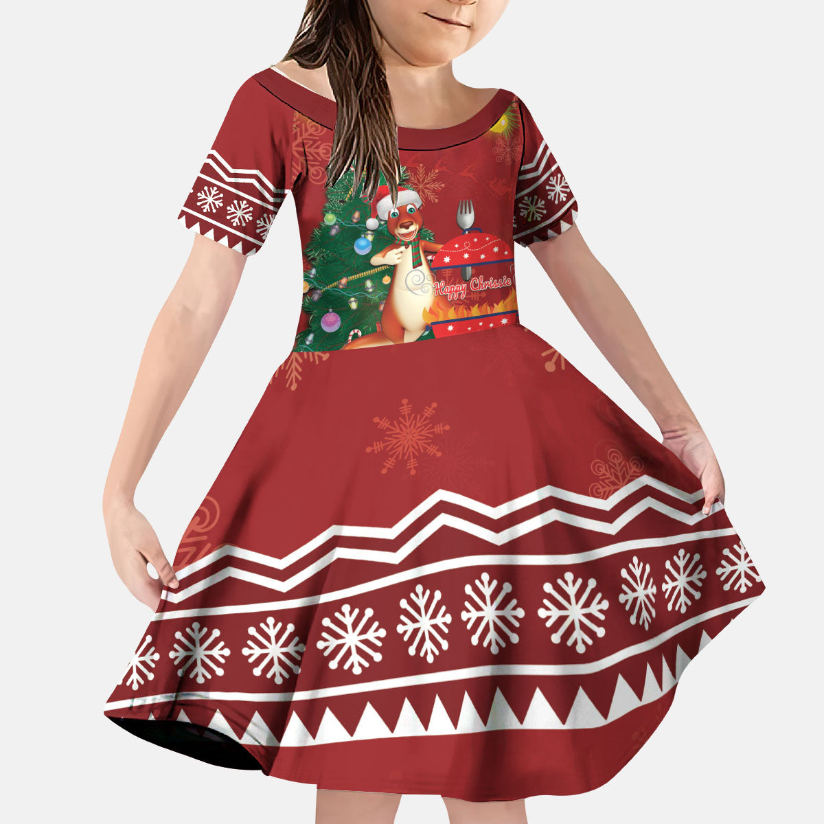 Australia Christmas In July Kid Short Sleeve Dress Happy Chrissie Kangaroo Barbie