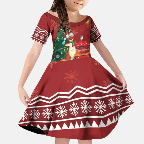 Australia Christmas In July Kid Short Sleeve Dress Happy Chrissie Kangaroo Barbie
