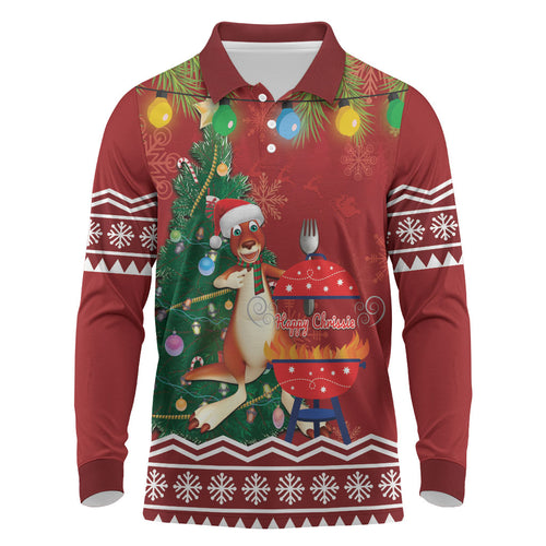 Australia Christmas In July Long Sleeve Polo Shirt Happy Chrissie Kangaroo Barbie