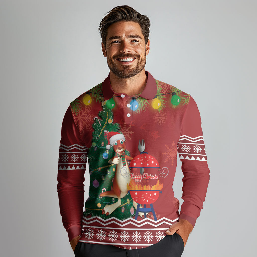 Australia Christmas In July Long Sleeve Polo Shirt Happy Chrissie Kangaroo Barbie