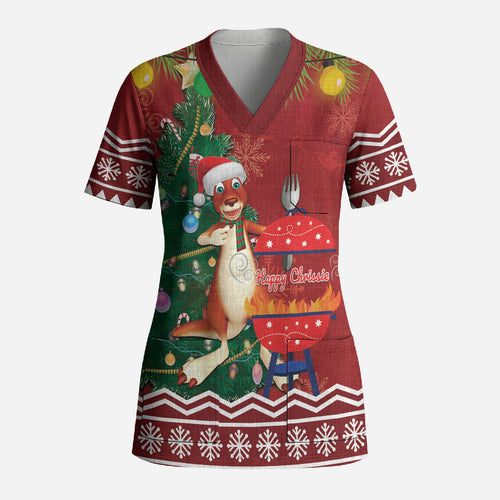 Australia Christmas In July Scrub Top Happy Chrissie Kangaroo Barbie