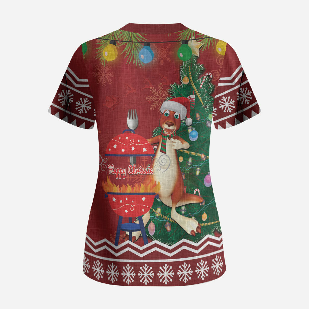 Australia Christmas In July Scrub Top Happy Chrissie Kangaroo Barbie