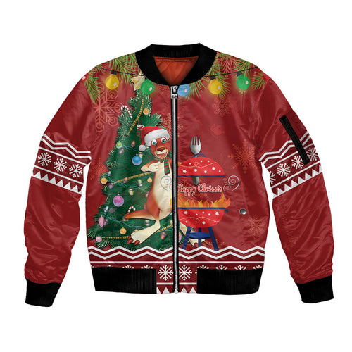 Australia Christmas In July Sleeve Zip Bomber Jacket Happy Chrissie Kangaroo Barbie