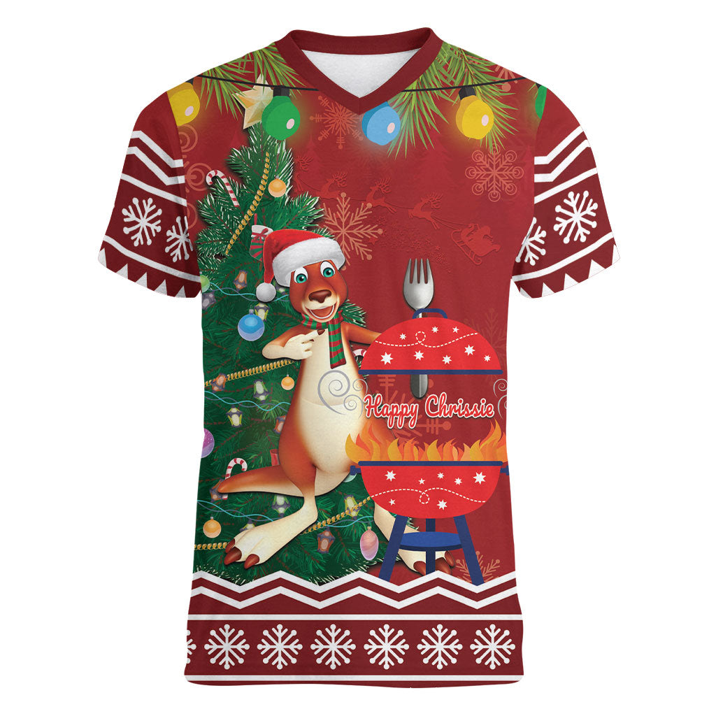 Australia Christmas In July Women V-Neck T-Shirt Happy Chrissie Kangaroo Barbie