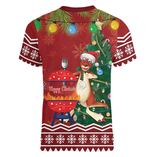 Australia Christmas In July Women V-Neck T-Shirt Happy Chrissie Kangaroo Barbie