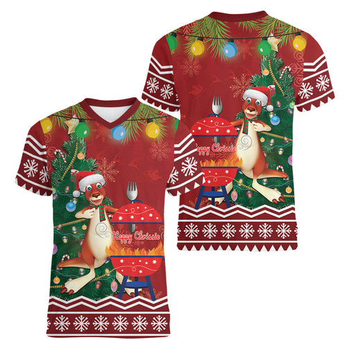 Australia Christmas In July Women V-Neck T-Shirt Happy Chrissie Kangaroo Barbie