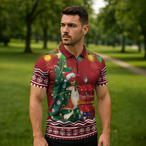 Australia Christmas In July Zipper Polo Shirt Happy Chrissie Kangaroo Barbie