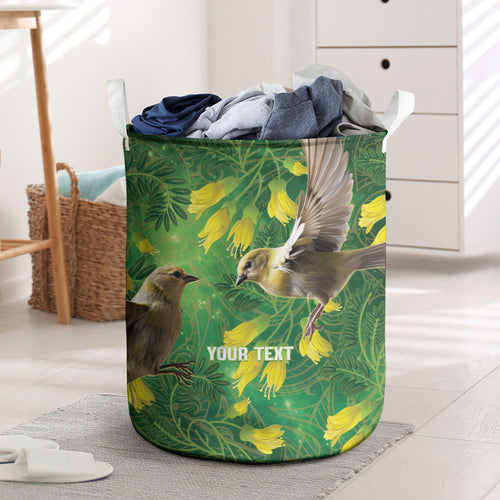 Bellbird New Zealand Personalised Laundry Basket Kowhai Flower Maori Pattern