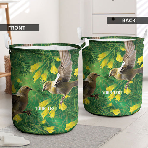 Bellbird New Zealand Personalised Laundry Basket Kowhai Flower Maori Pattern