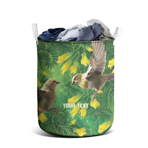 Bellbird New Zealand Personalised Laundry Basket Kowhai Flower Maori Pattern