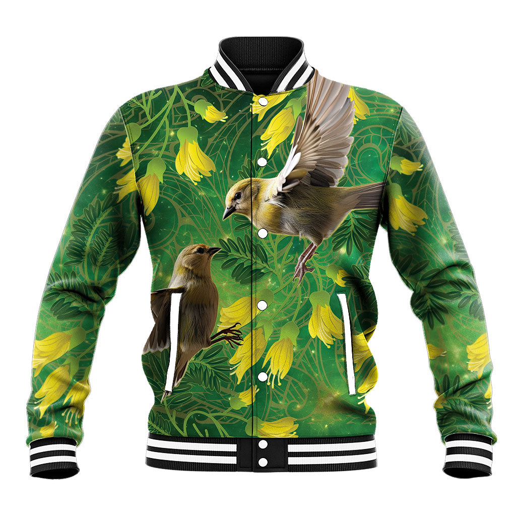 Bellbird New Zealand Personalised Baseball Jacket Kowhai Flower Maori Pattern