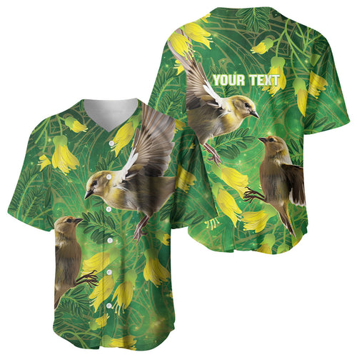 Bellbird New Zealand Personalised Baseball Jersey Kowhai Flower Maori Pattern