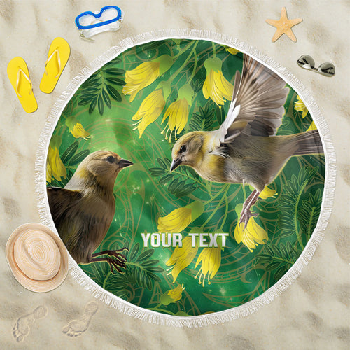 Bellbird New Zealand Personalised Beach Blanket Kowhai Flower Maori Pattern