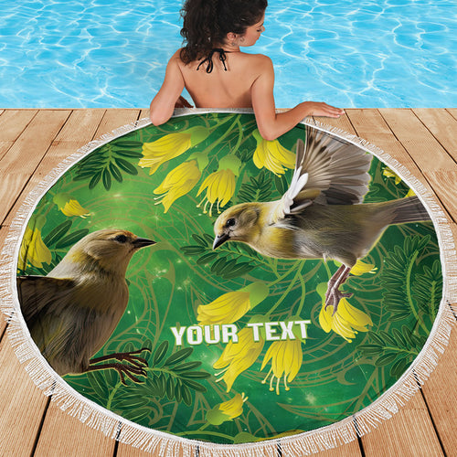 Bellbird New Zealand Personalised Beach Blanket Kowhai Flower Maori Pattern
