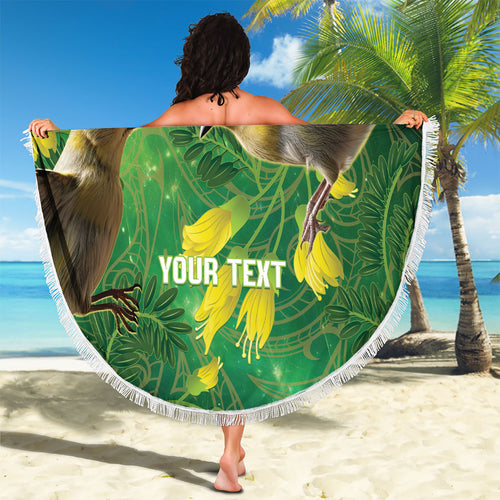 Bellbird New Zealand Personalised Beach Blanket Kowhai Flower Maori Pattern