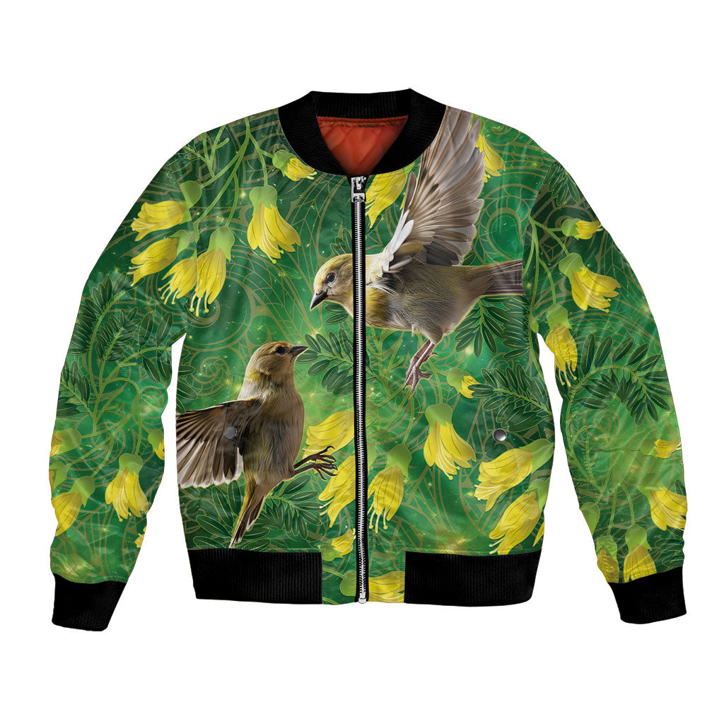 Bellbird New Zealand Personalised Bomber Jacket Kowhai Flower Maori Pattern