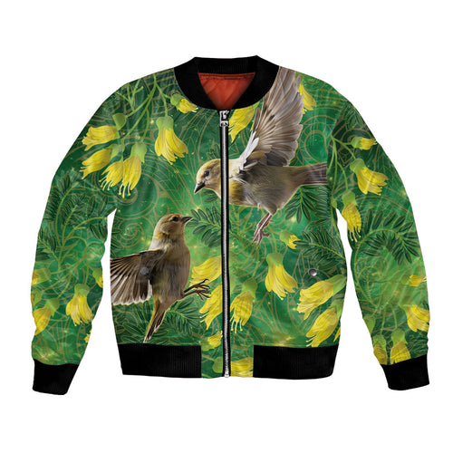 Bellbird New Zealand Personalised Bomber Jacket Kowhai Flower Maori Pattern
